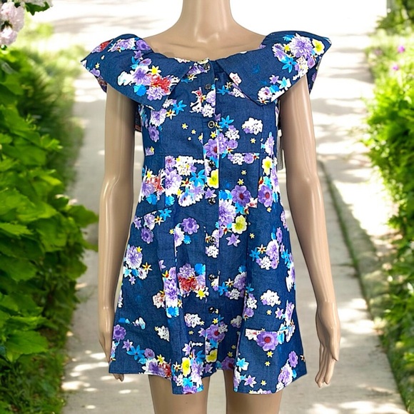 NEW Diva USA Floral Chambray Blue Flutter Sleeve Dress - Picture 7 of 16